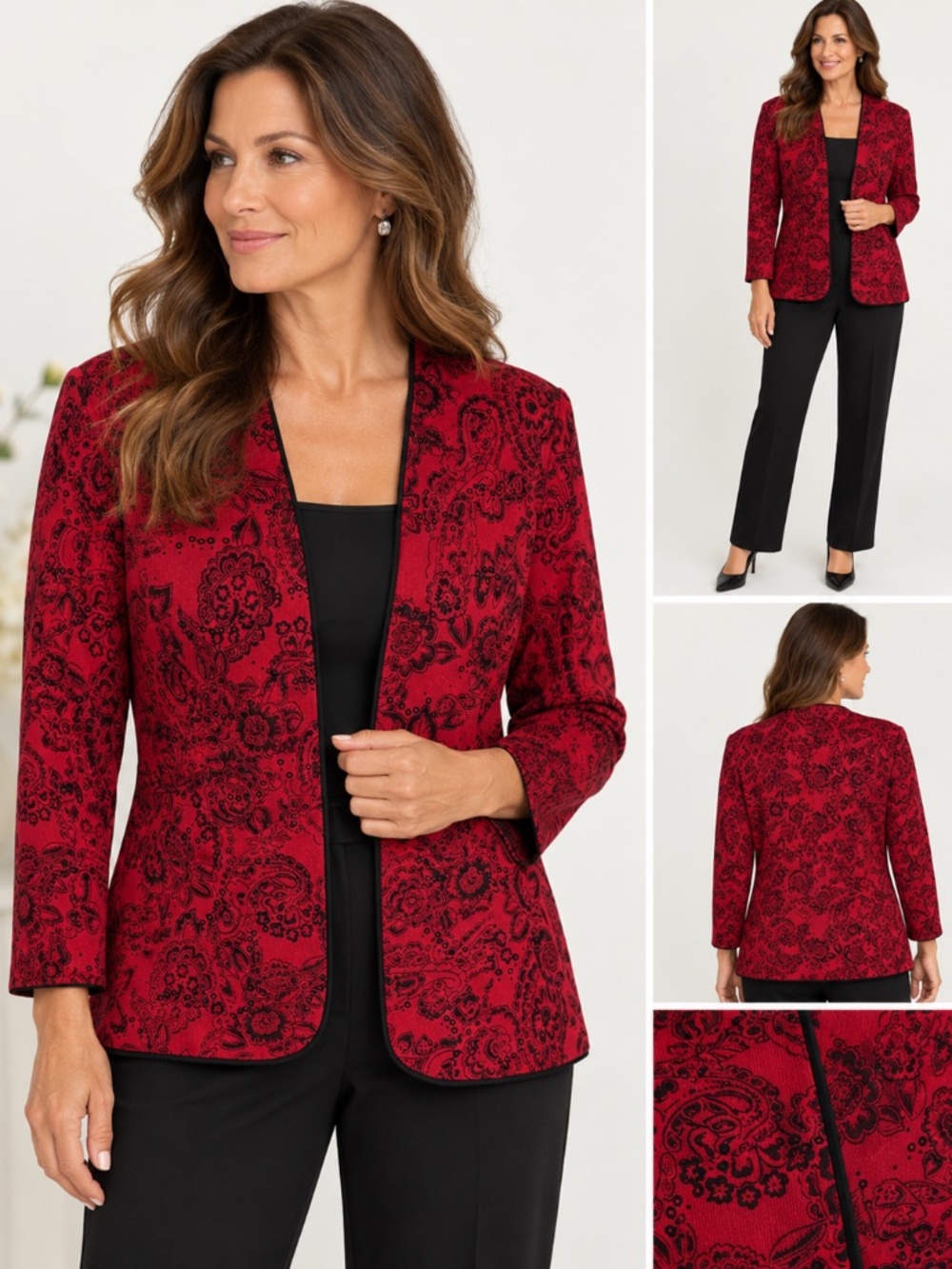 Alex Evenings Red Black Paisley Open Front Blazer Jacket Size L